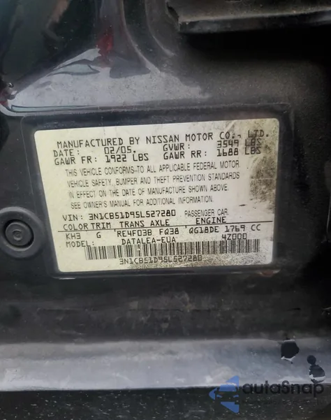 2005 Nissan Sentra 1.8 z USA, uszkodzony, nr VIN 3N1CB51D95L527280